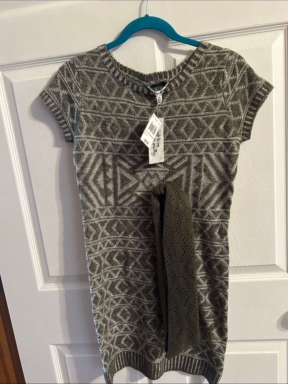 Knit Midi Dress in Olive Gray with Geometric Pattern